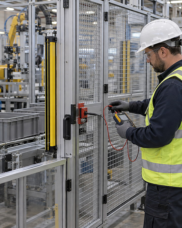 Person holding a test meter beside a mesh machine guard.