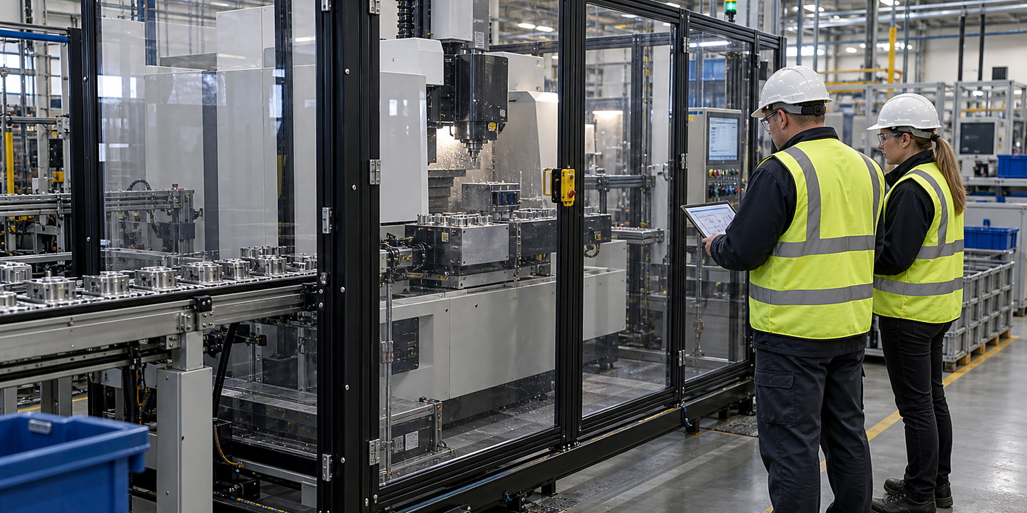 Two people beside a clear-panel machine enclosure and control console.